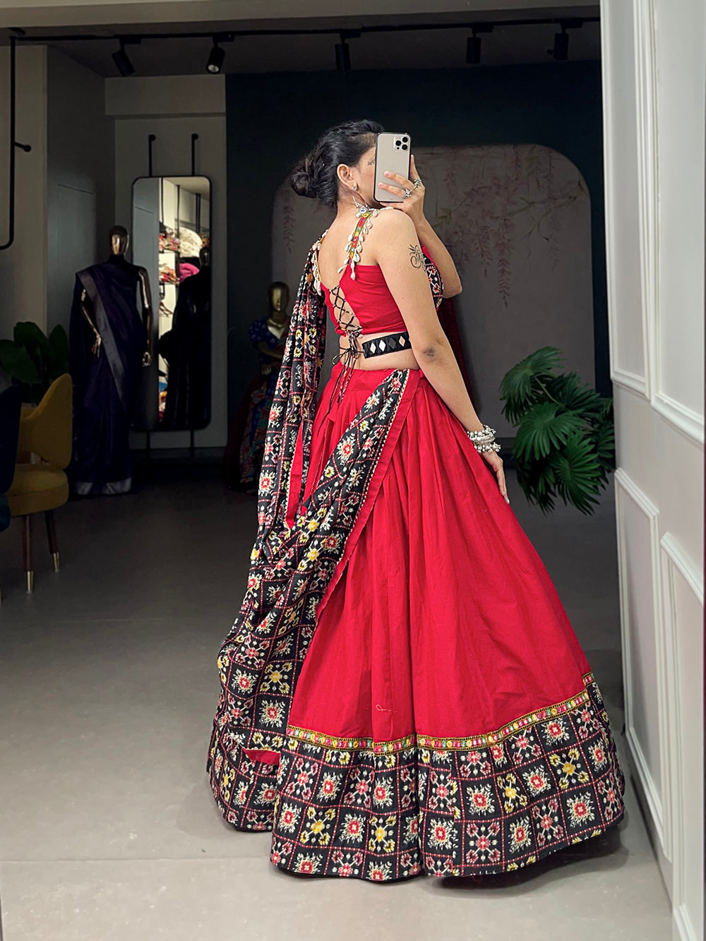 Red Color Patola Print With Paper Mirror Work Ghaghra Choli