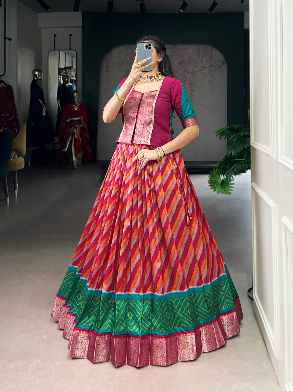 Red tasar silk leheriya print co ord set with vichitra silk zari weaving blouse