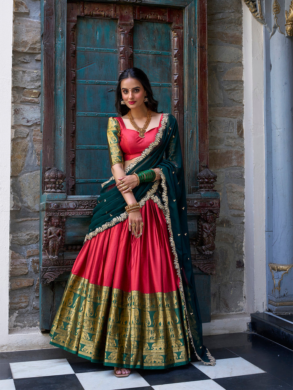 Bridal red narayan pattu lehenga choli with zari weaving embroidered georgette dupatta