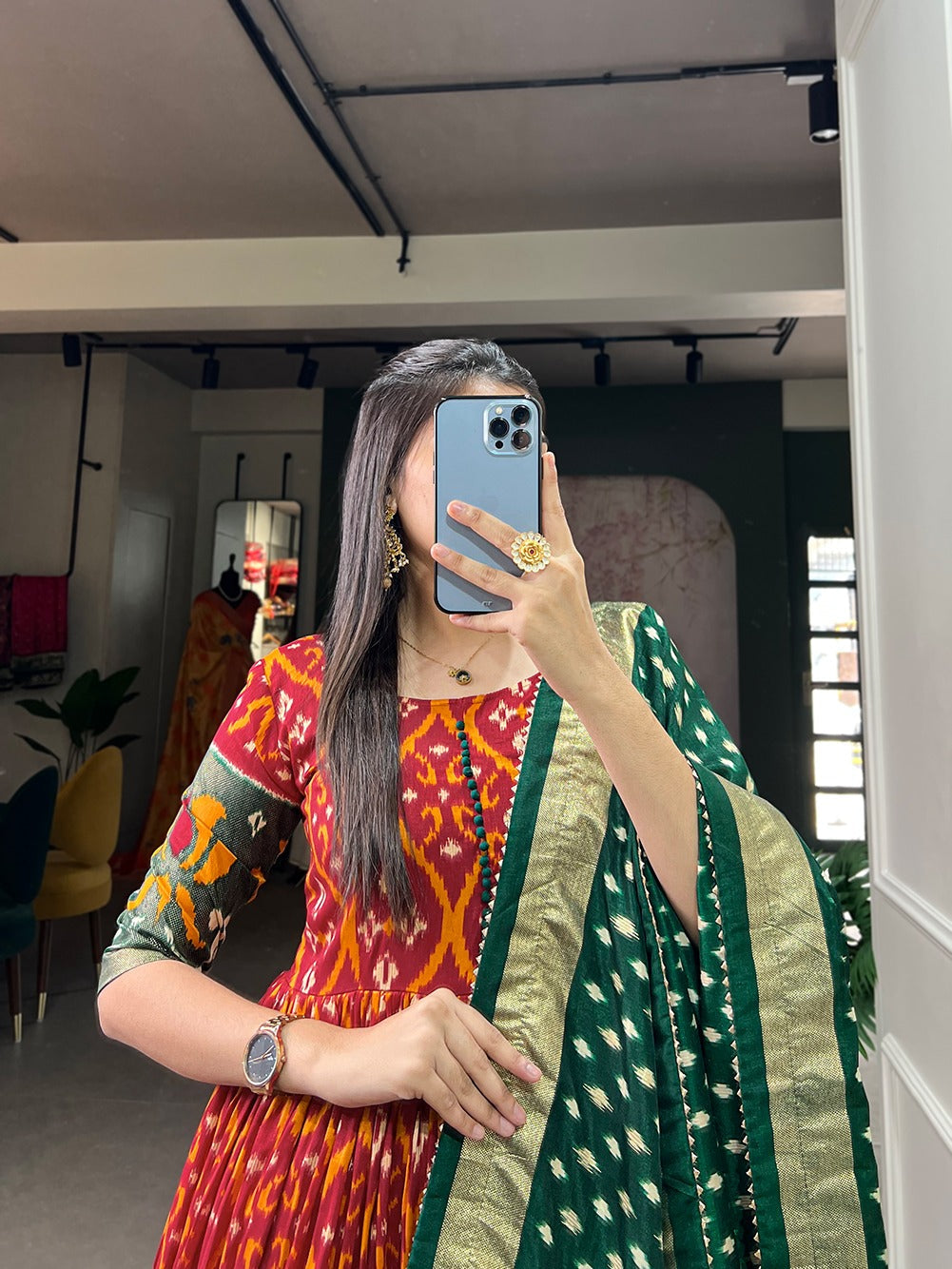 Red Color Patola Print Gown with Foil Detailing and Tussar Silk Elegance