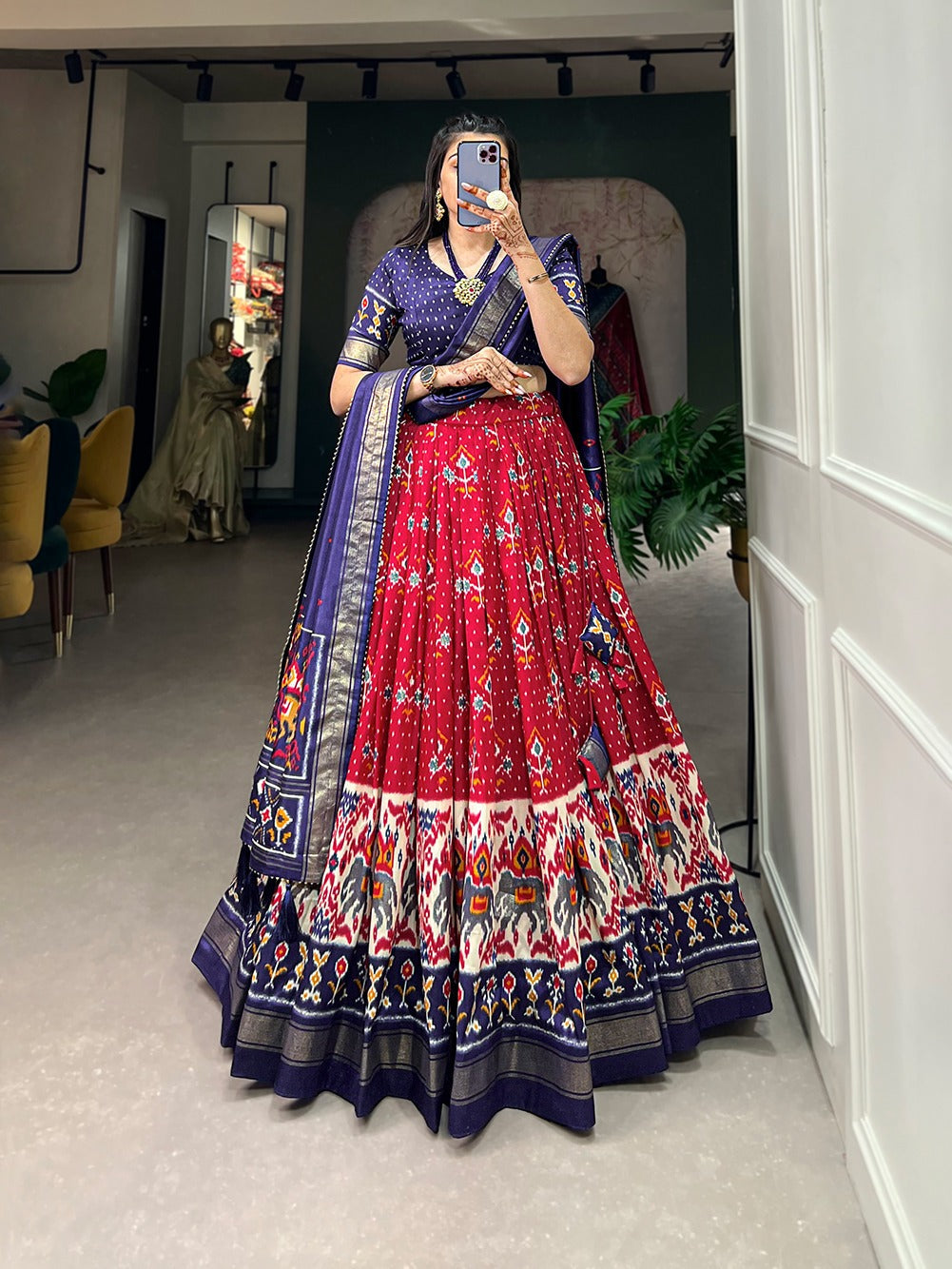 Red Color Patola Print Tussar Silk Lehenga Choli Set