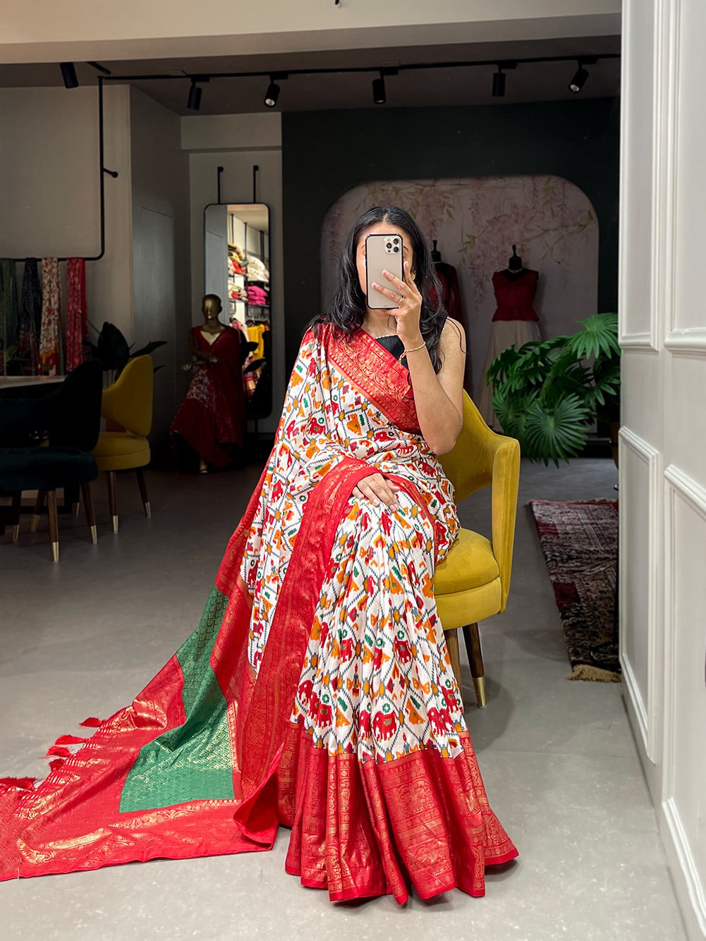 Red Color Patola Print with Foil Work Dola Silk Saree