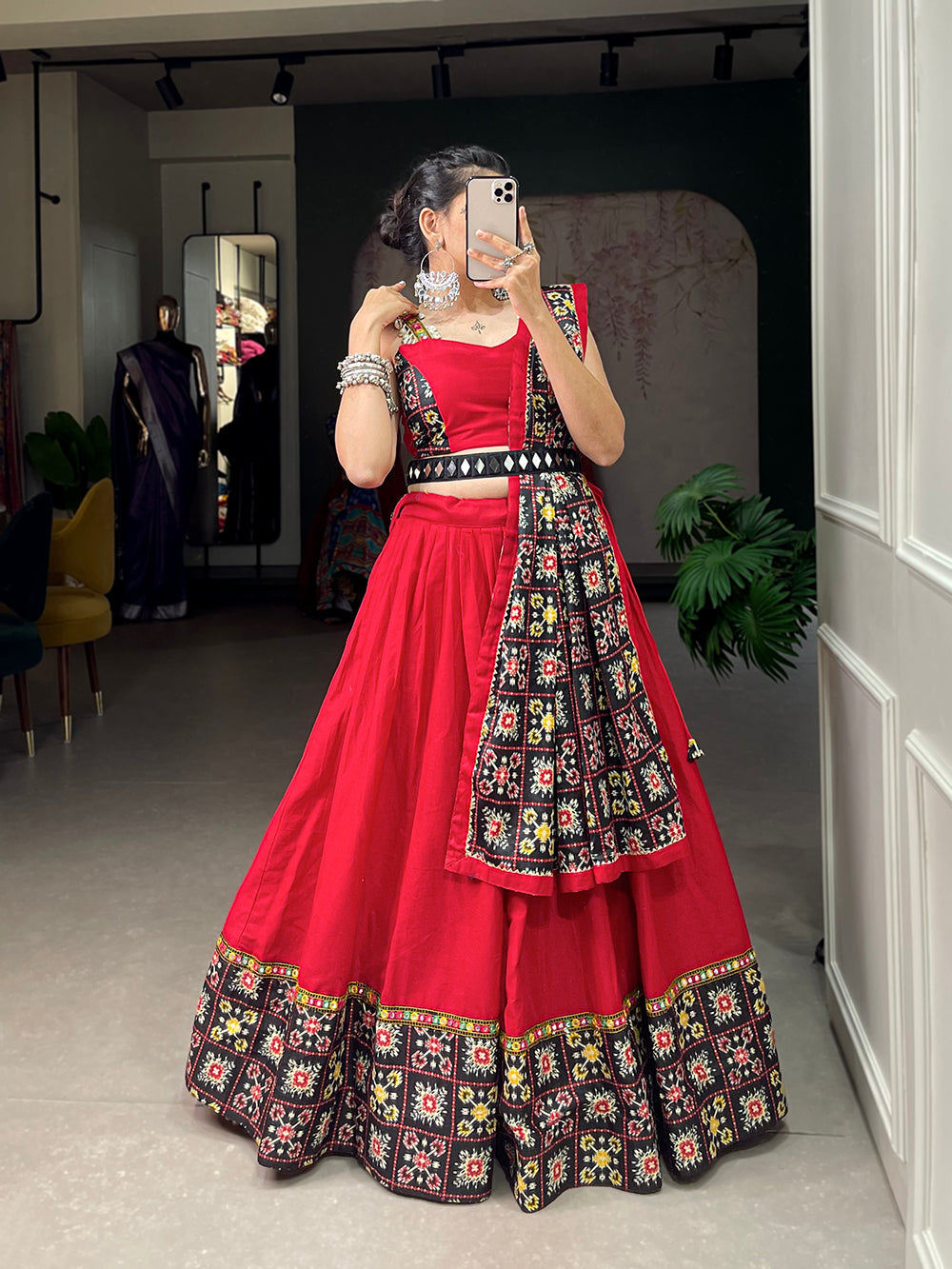 Red Color Patola Print With Paper Mirror Work Ghaghra Choli