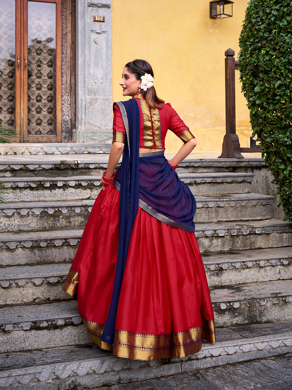 Red color zari weaving work poly cotton lehenga choli