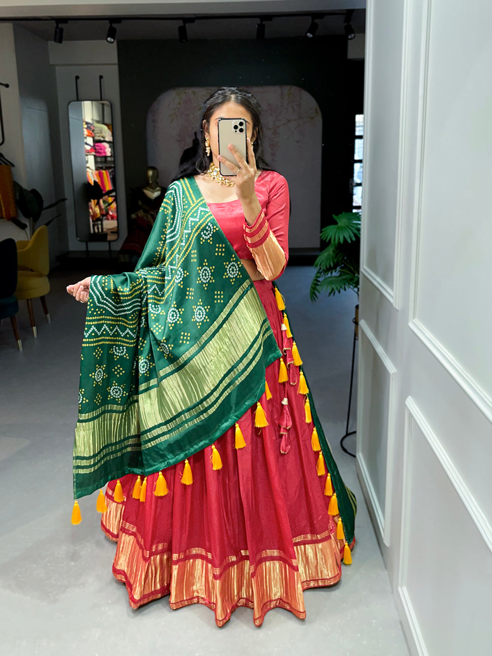 Salmon color dyeing with lagdi patta gaji silk lehenga choli