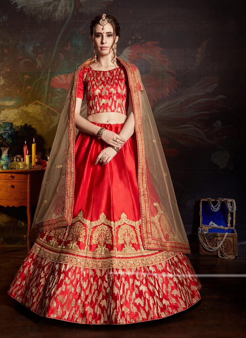 Red Color Satin Base Embroidered Designer Lehenga Choli