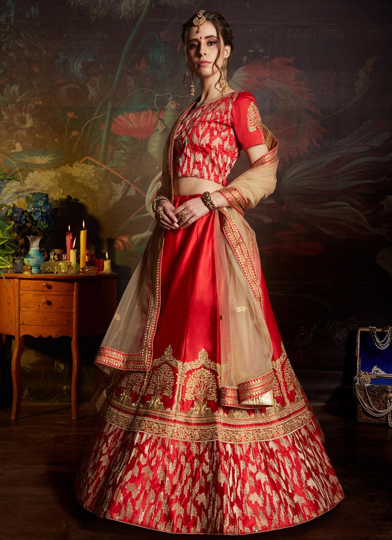 Red Color Satin Base Embroidered Designer Lehenga Choli