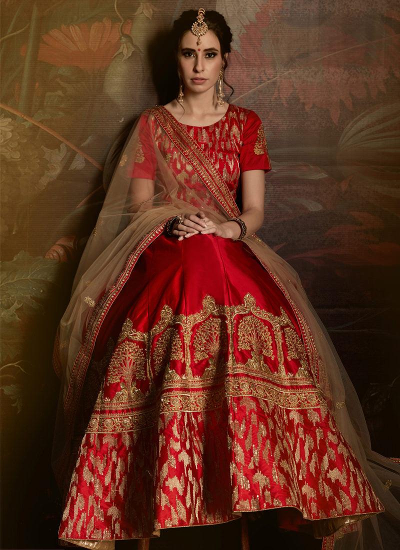 Red Color Satin Base Embroidered Designer Lehenga Choli