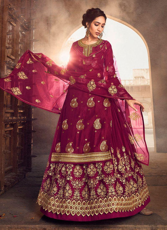 Red Color Silk Weave Zari And Stone Work Long Choli Lehenga