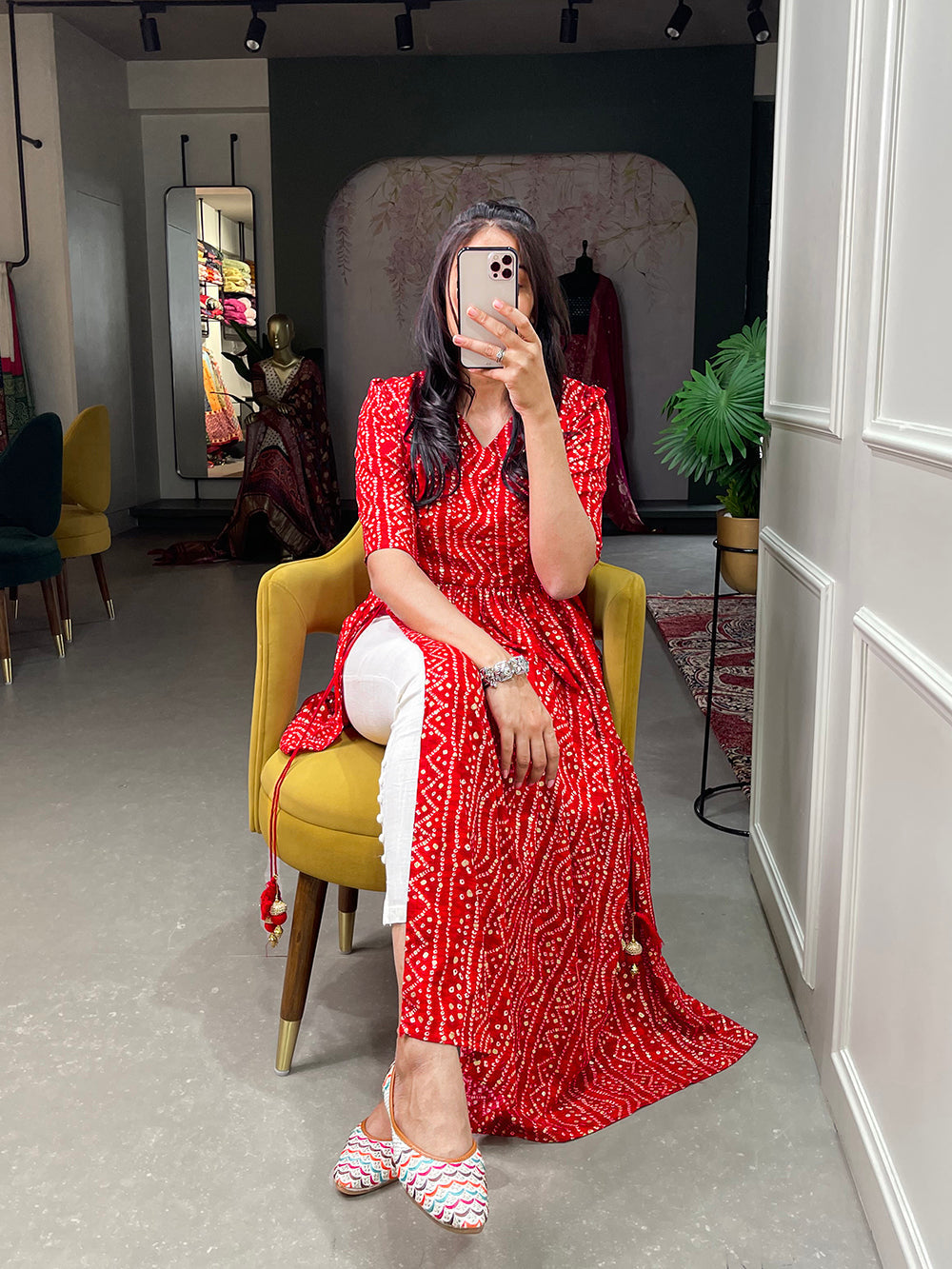 Red Color Foil and Printed Pure Cotton Kurti
