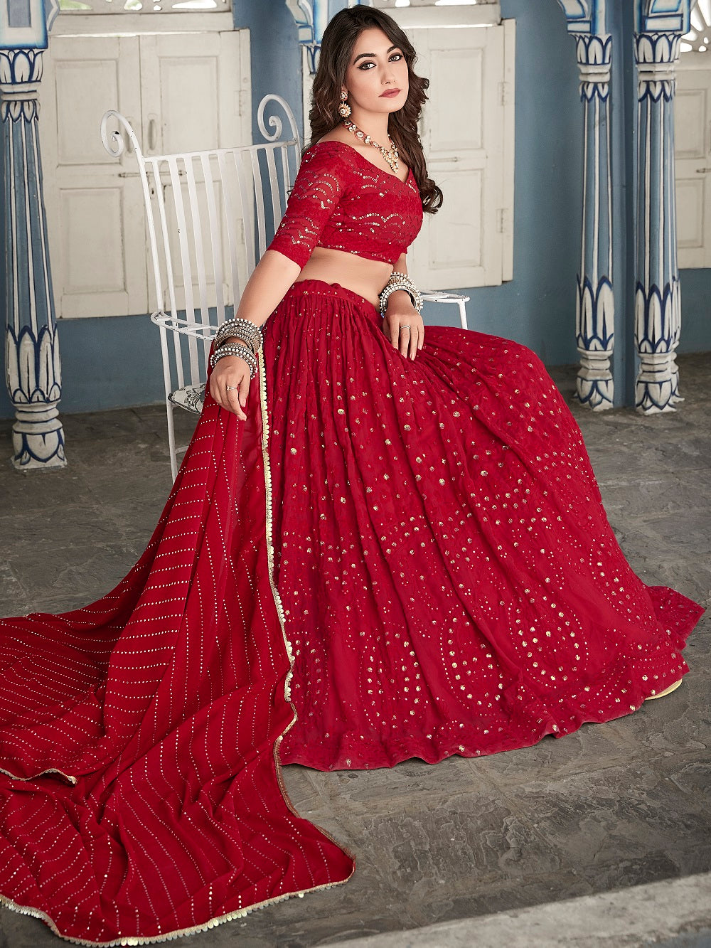 Red Color Lucknowi Thread & Sequins Embroidery Work Georgette Lehenga Choli