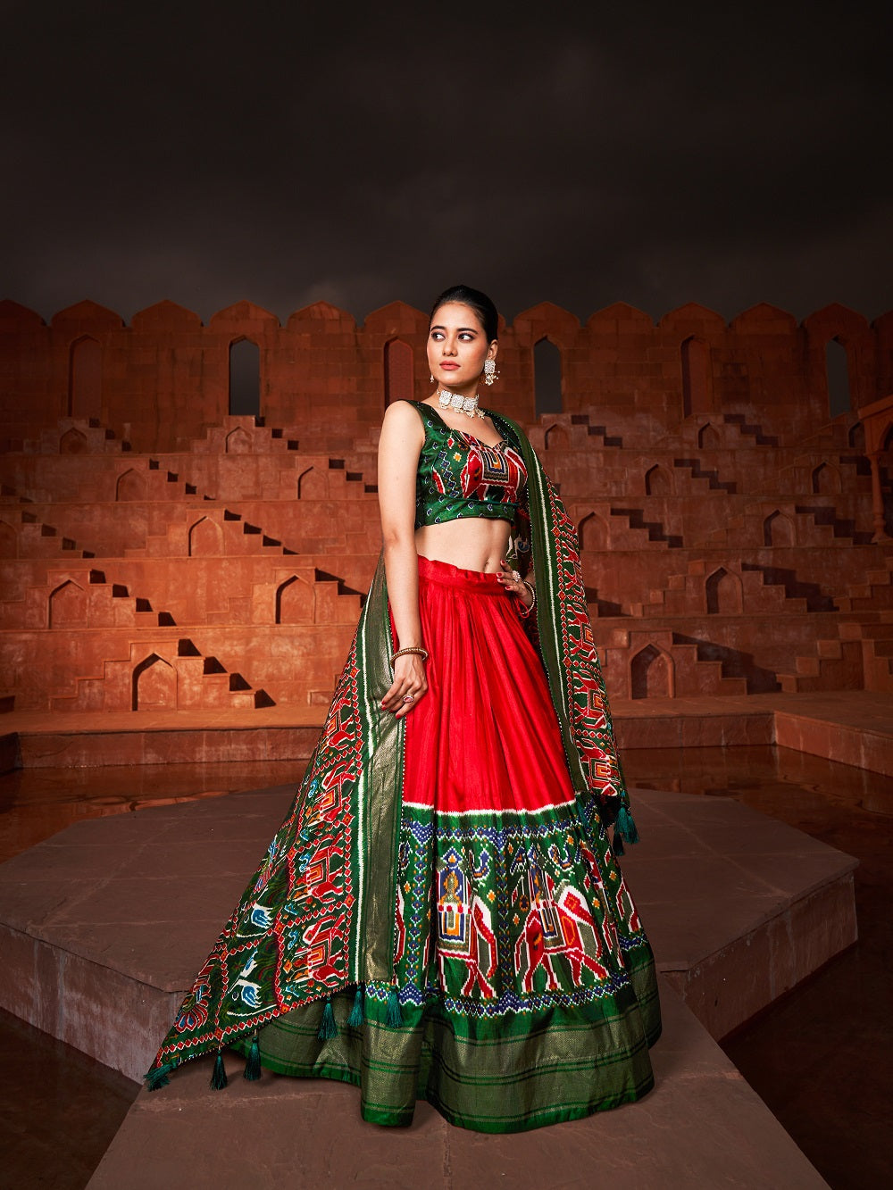 Red Color Patola Printed Silk Navratri Chaniya Choli Garba Dress