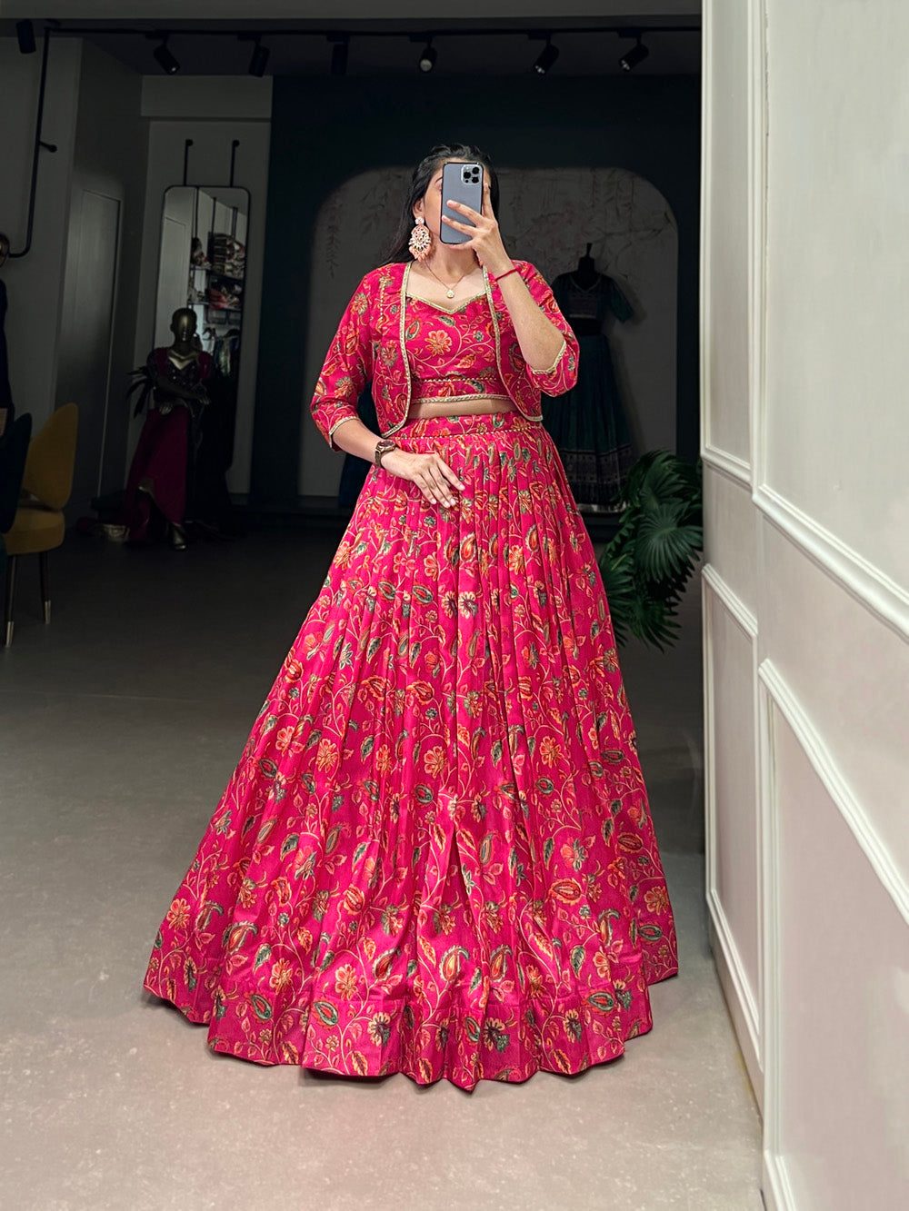 Pink tasar silk floral print lehenga choli with gota patti handworked koti