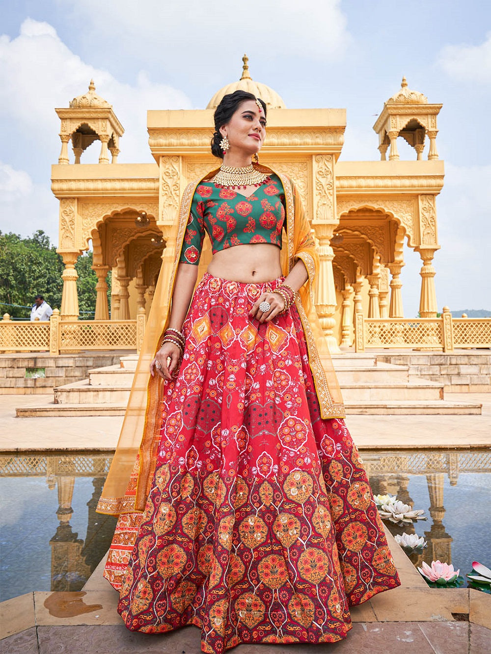 Red Color Printed Vaishali Silk Lehenga Choli Set