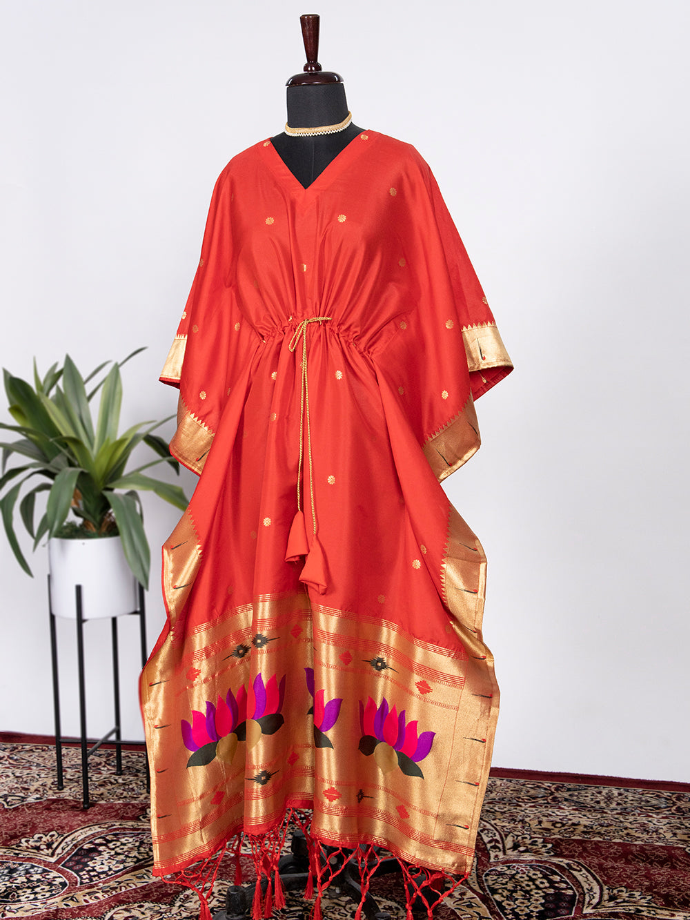 Red color weaving zari work jacquard paithani kaftan dress