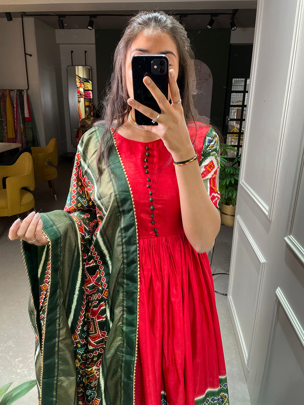 Red Color Patola And Foil Printed Dola Silk Gown