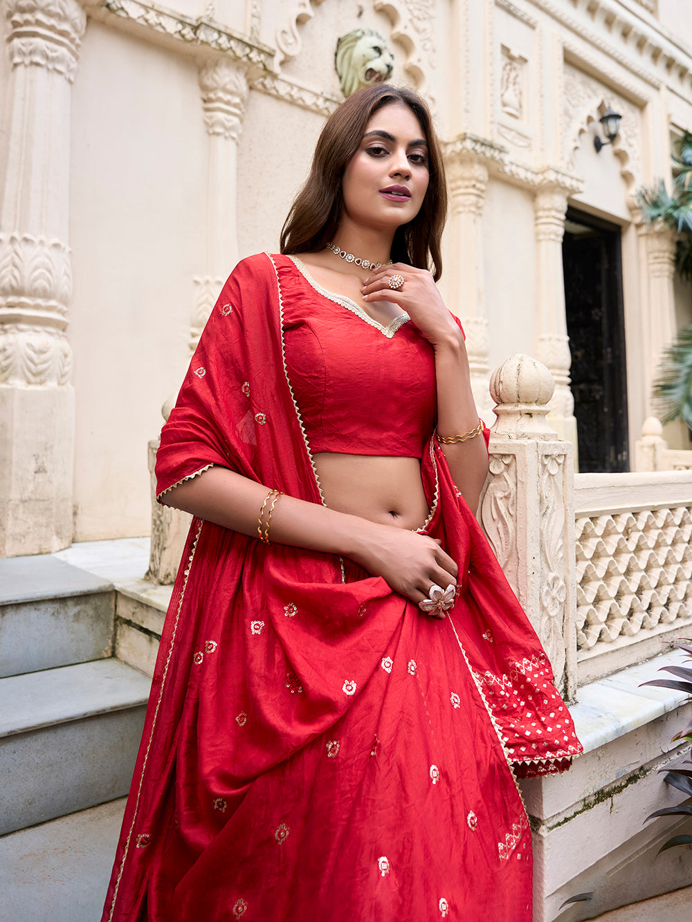 Elegant red zari weaving chanderi silk wedding lehenga choli with dupatta