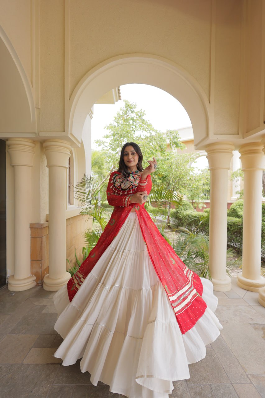 Red Cotton Lehenga with Patchwork Kurti