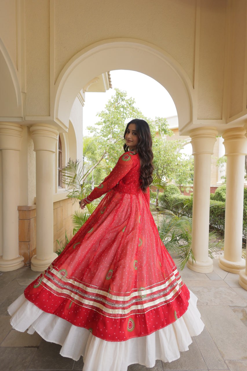 Red Cotton Lehenga with Patchwork Kurti