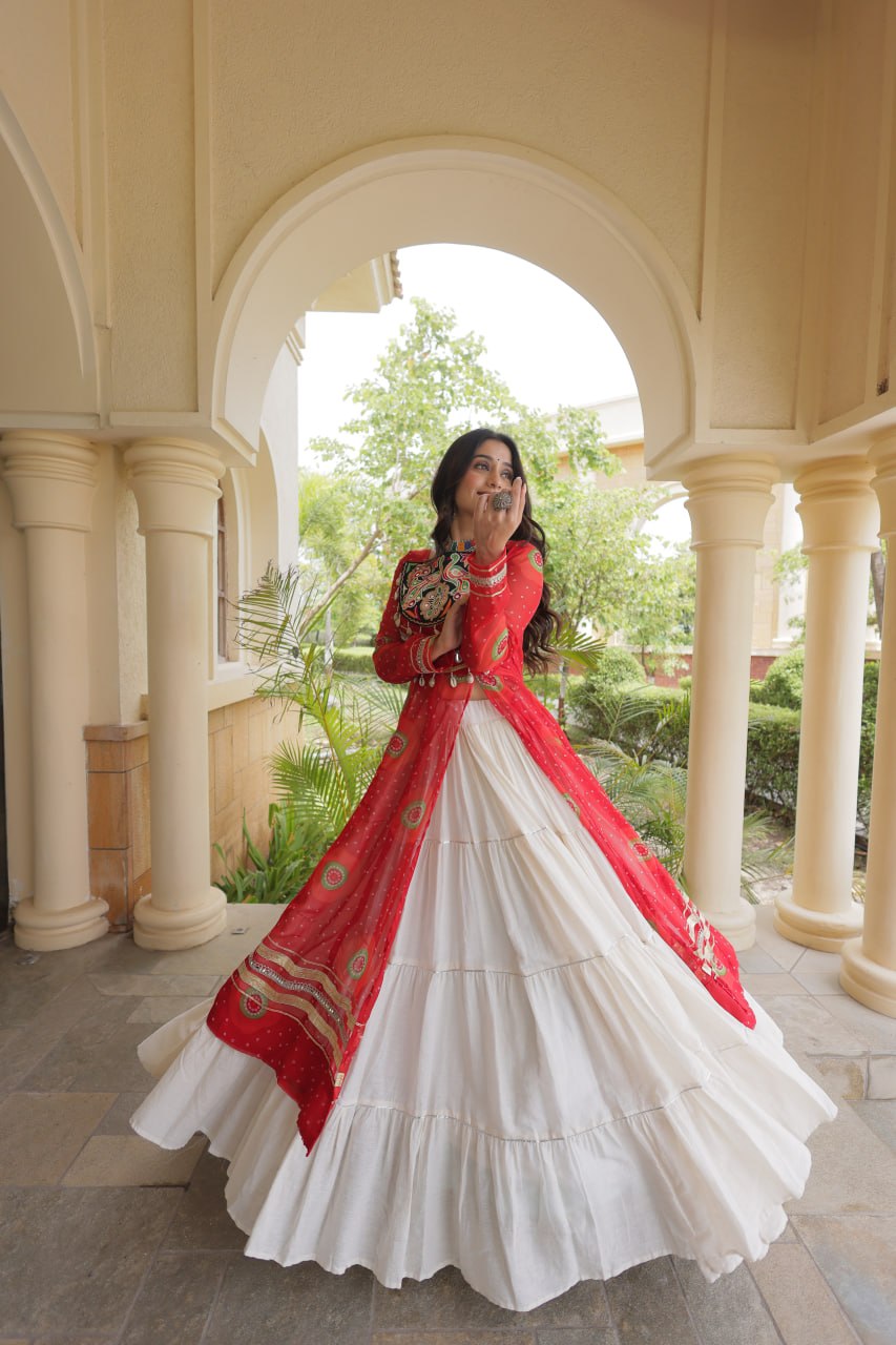Red Cotton Lehenga with Patchwork Kurti