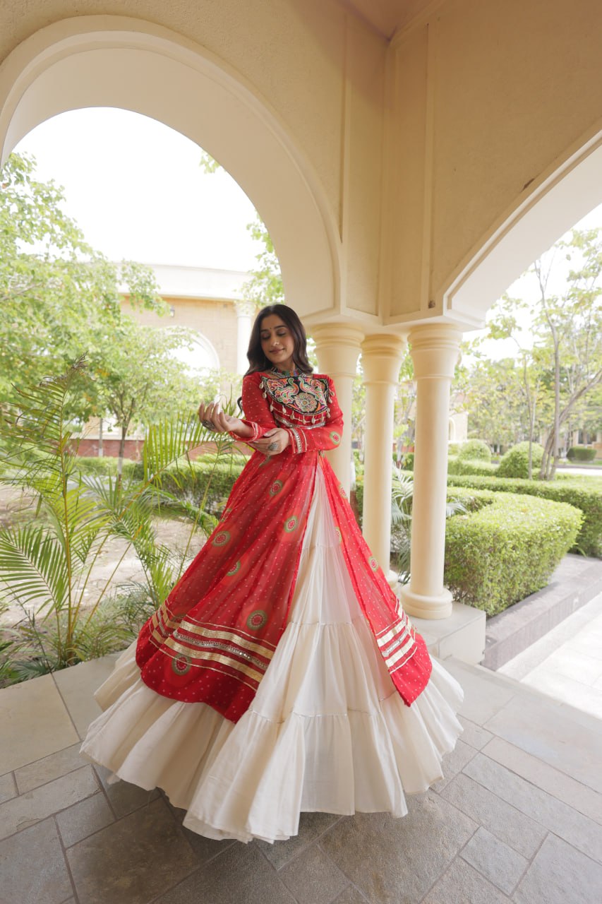Red Cotton Lehenga with Patchwork Kurti