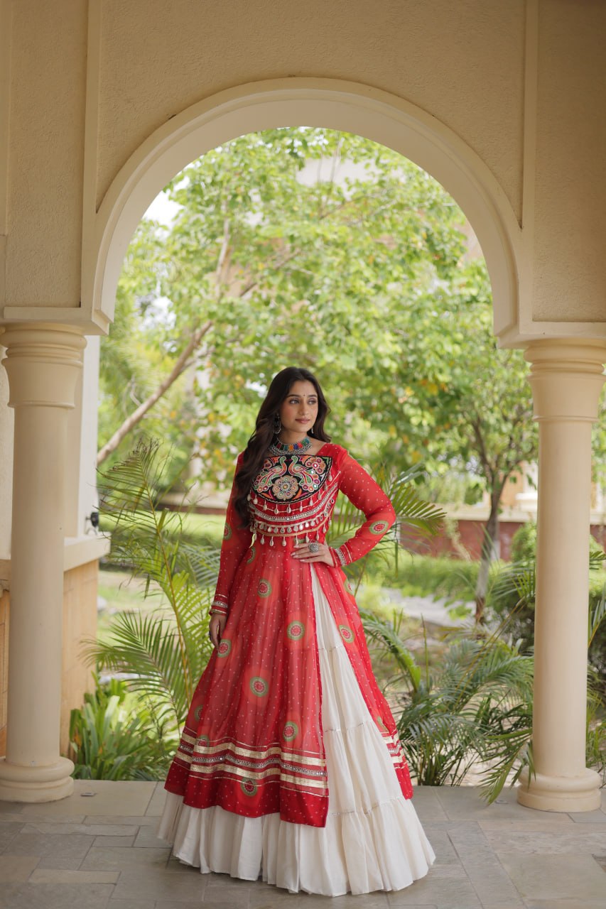 Red Cotton Lehenga with Patchwork Kurti