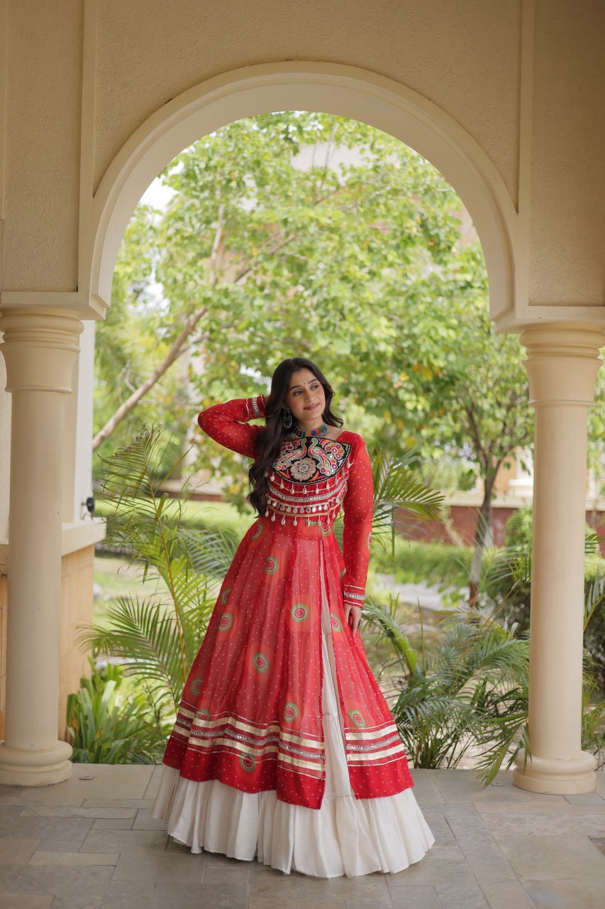 Red Cotton Lehenga with Patchwork Kurti