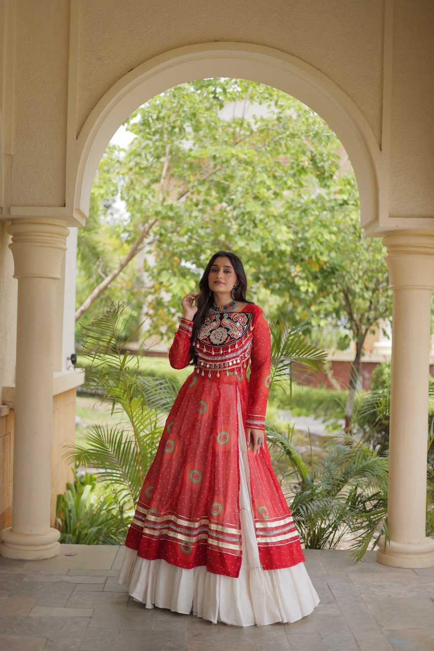 Red Cotton Lehenga with Patchwork Kurti