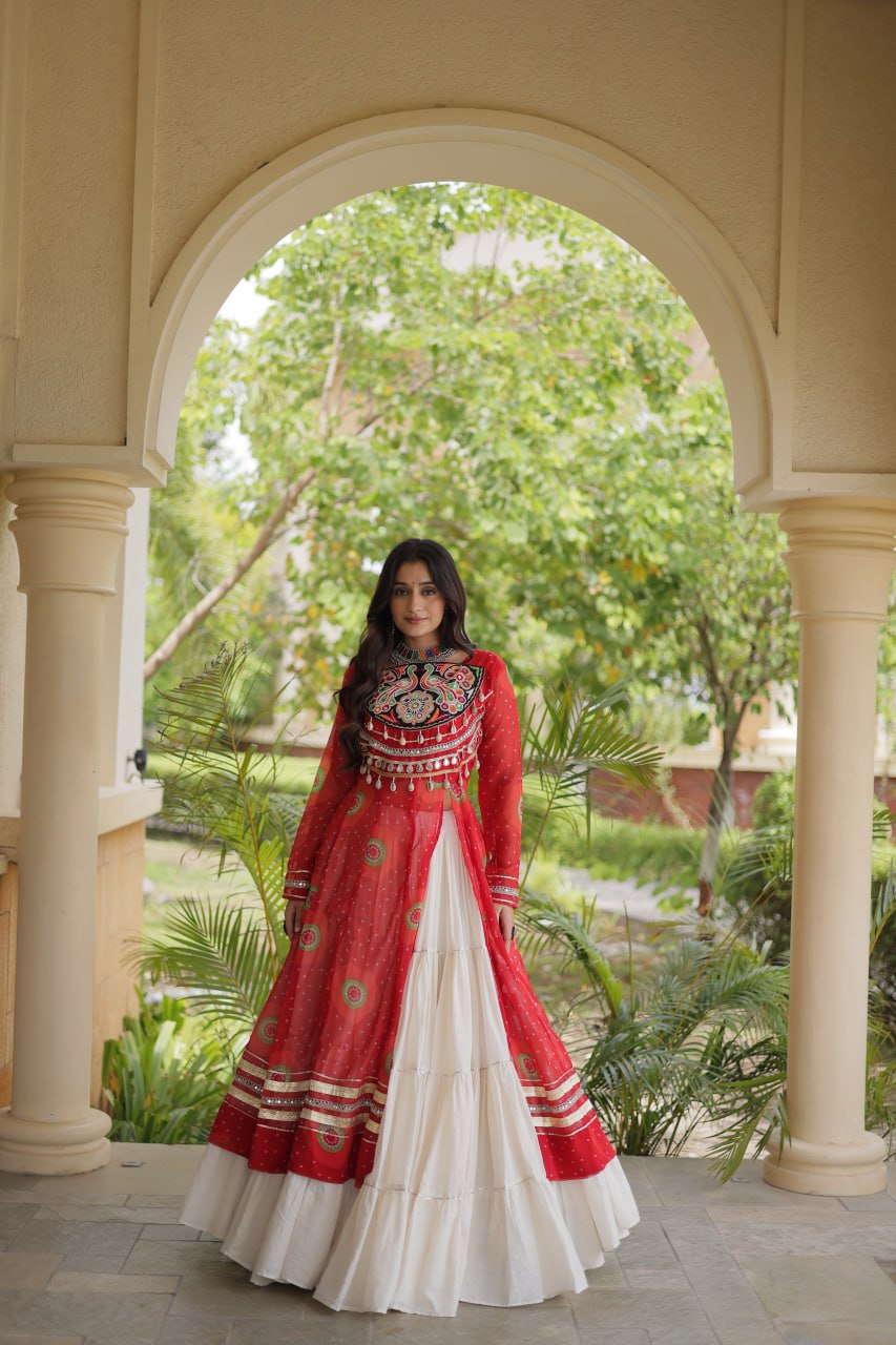 Red Cotton Lehenga with Patchwork Kurti