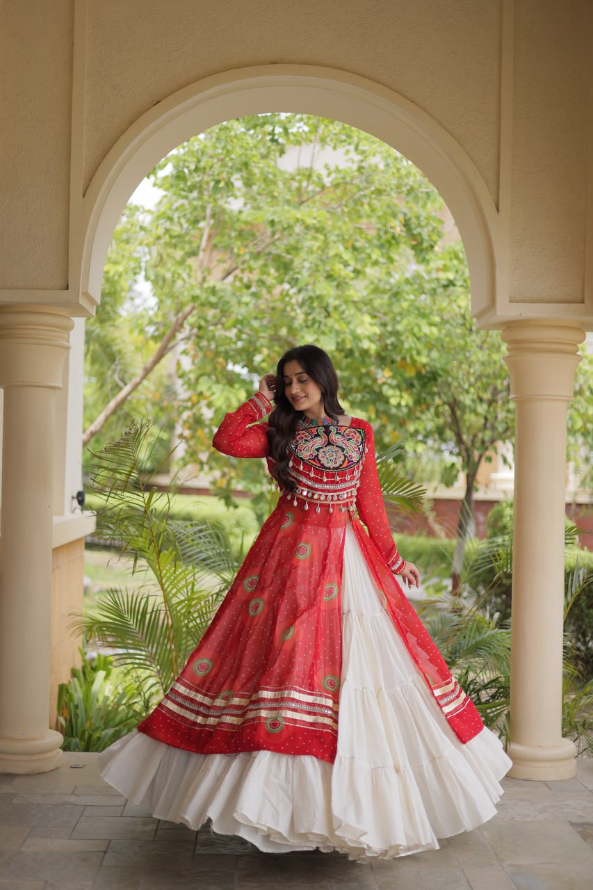 Red Cotton Lehenga with Patchwork Kurti