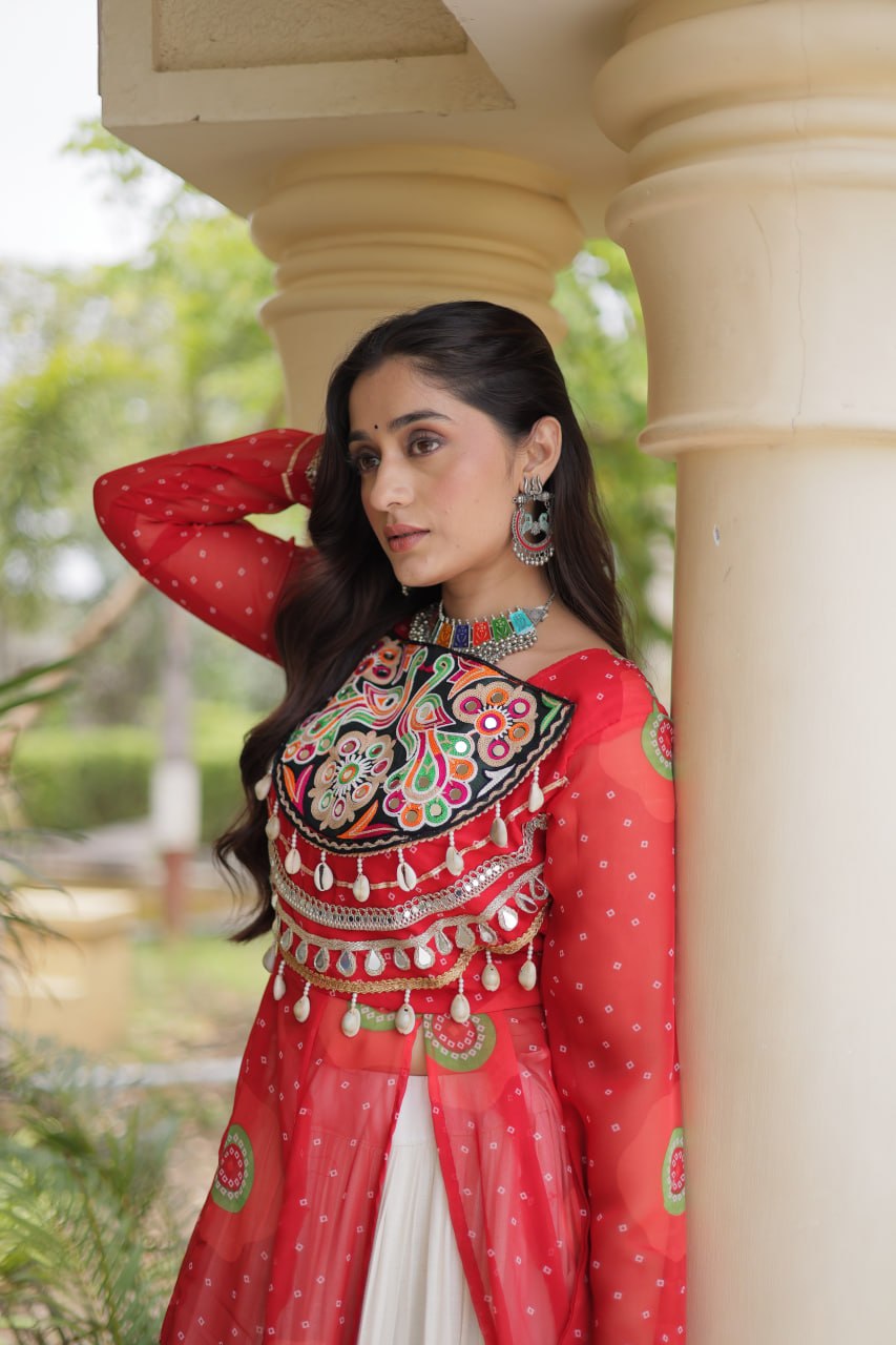 Red Cotton Lehenga with Patchwork Kurti