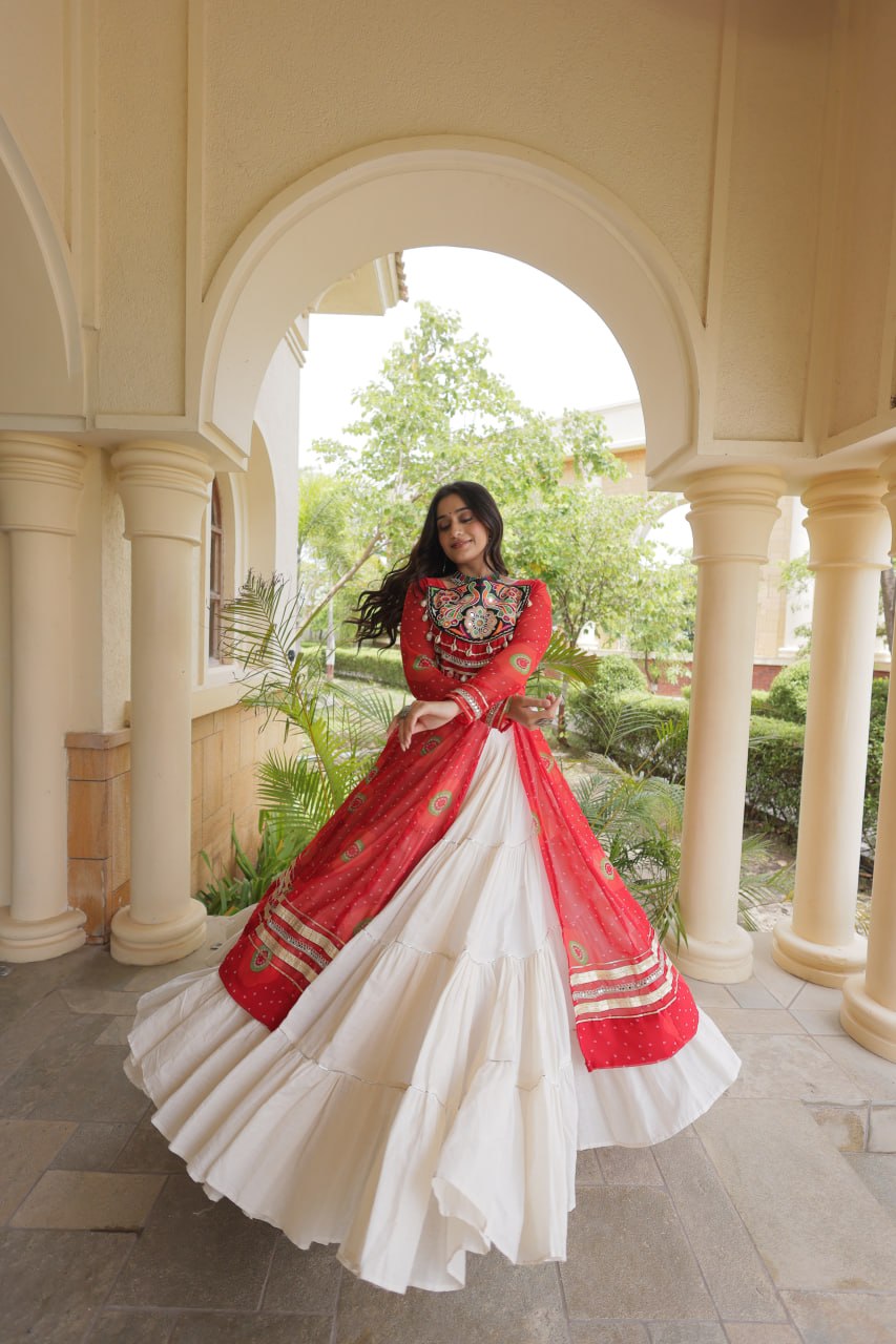 Red Cotton Lehenga with Patchwork Kurti