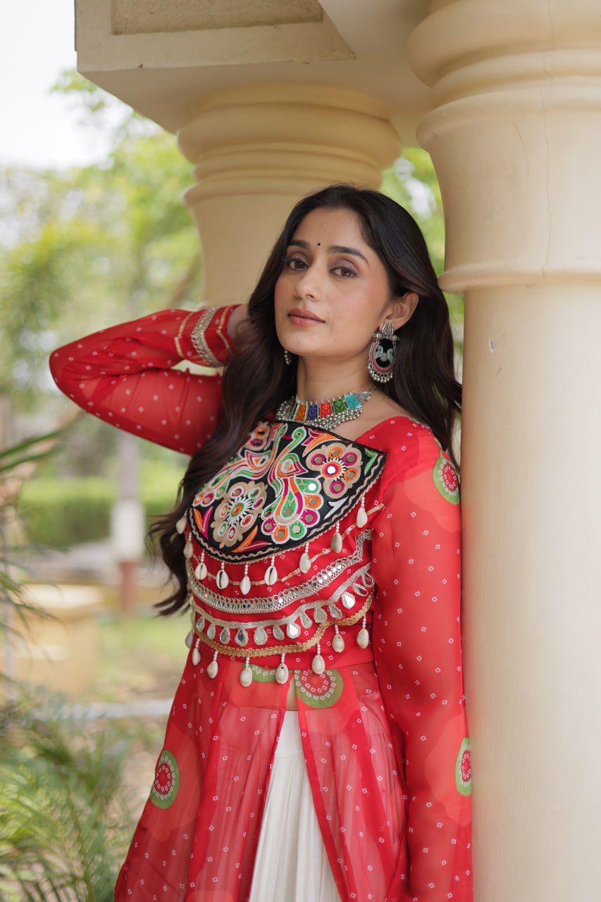 Red Cotton Lehenga with Patchwork Kurti