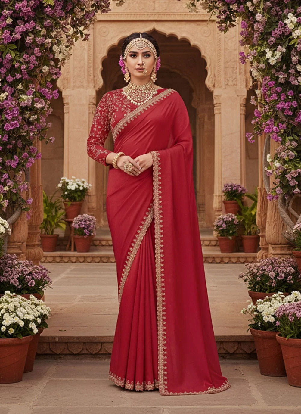 Elegant red crepe satin silk karwa chauth saree with moti hand embroidery