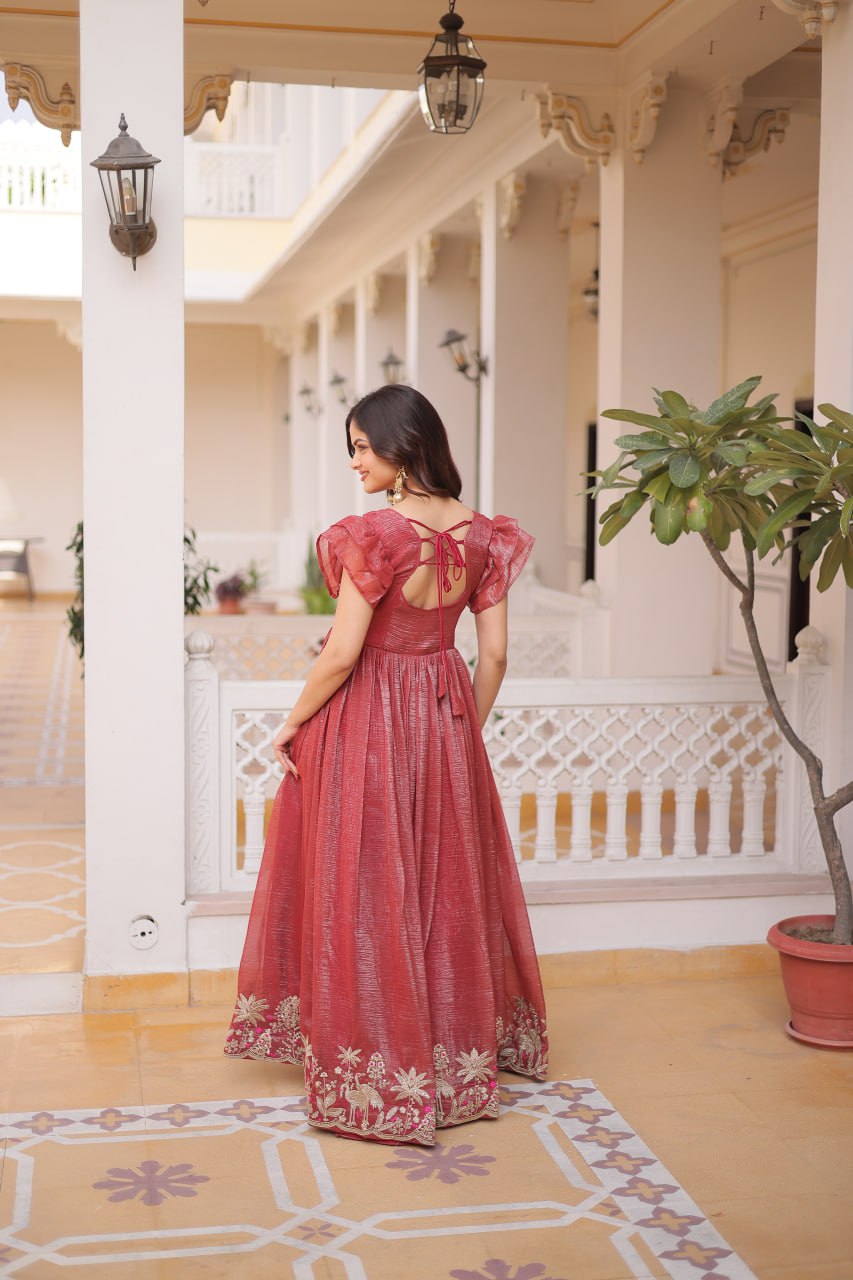 Red Crunchy Gown Double Frill Sleeves