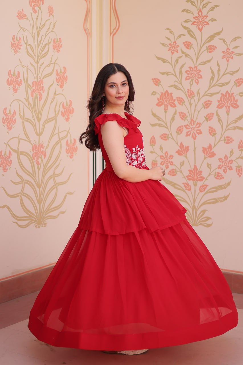 Red Designer Faux Blooming Embroidered Gown with Bead Work & Canvas Patta