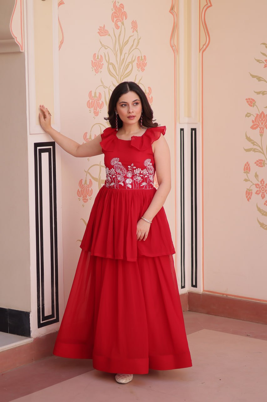 Red Designer Faux Blooming Embroidered Gown with Bead Work & Canvas Patta