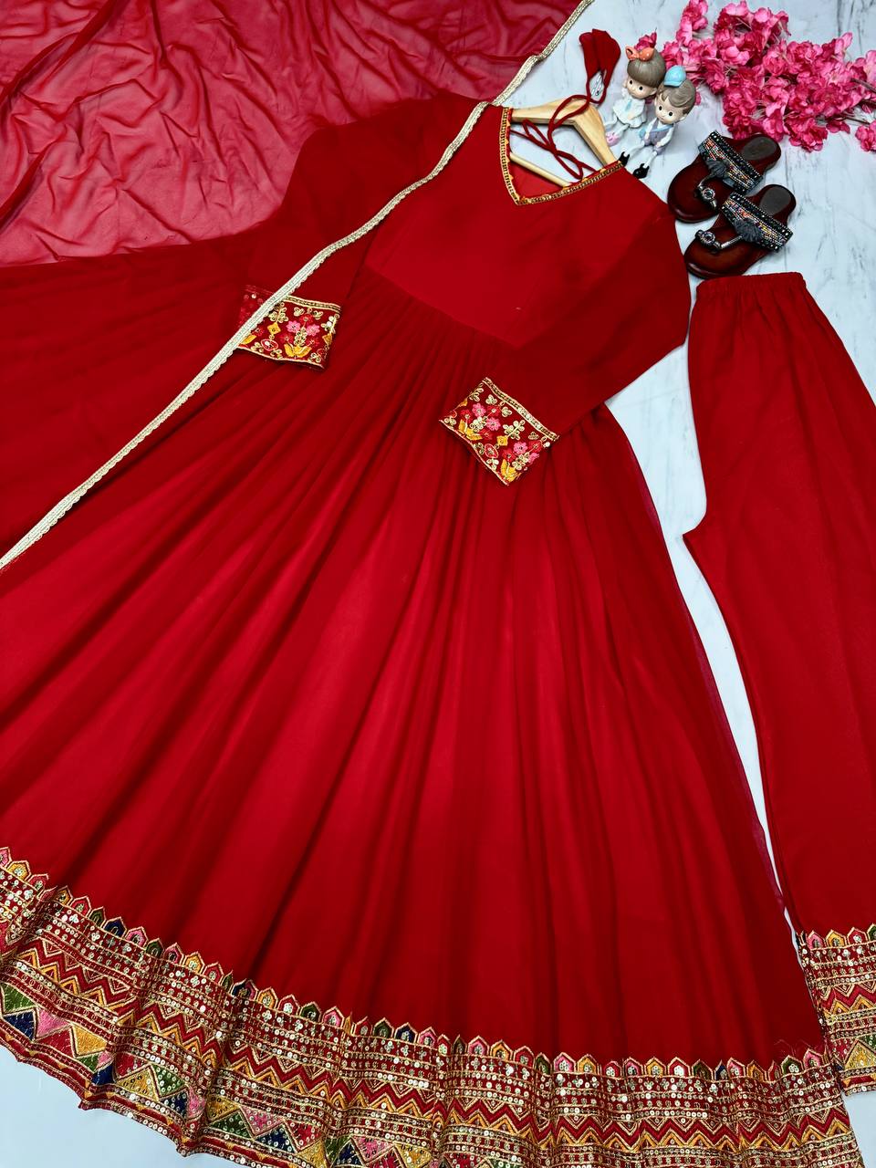 Red Designer Festivals & Party Wear Fancy Anarkali Gown, Dupatta & Plazzo Set – Elegant Embroidered Ensemble
