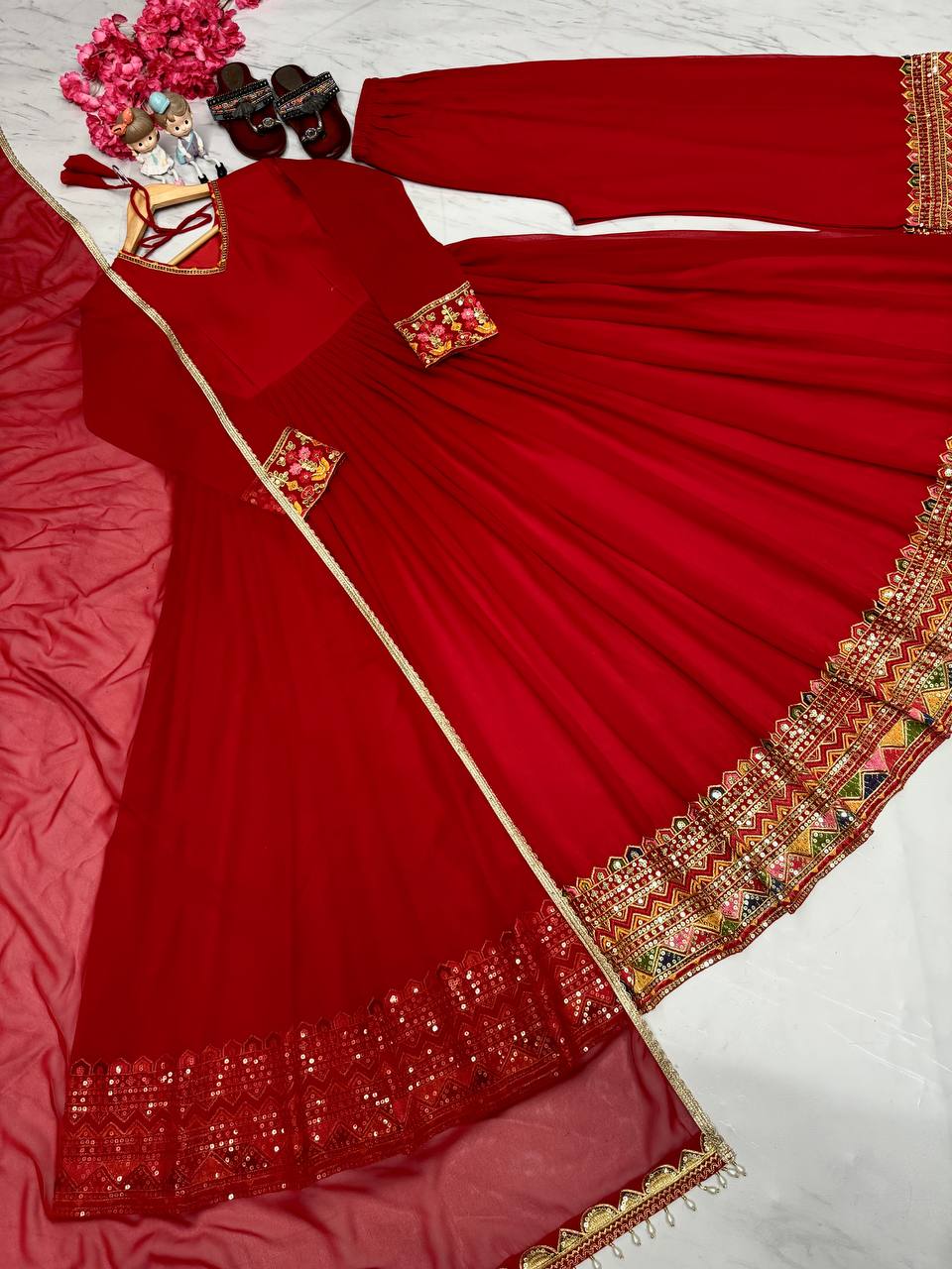 Red Designer Festivals & Party Wear Fancy Anarkali Gown, Dupatta & Plazzo Set – Elegant Embroidered Ensemble
