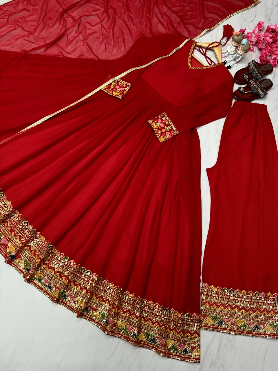 Red Designer Festivals & Party Wear Fancy Anarkali Gown, Dupatta & Plazzo Set – Elegant Embroidered Ensemble