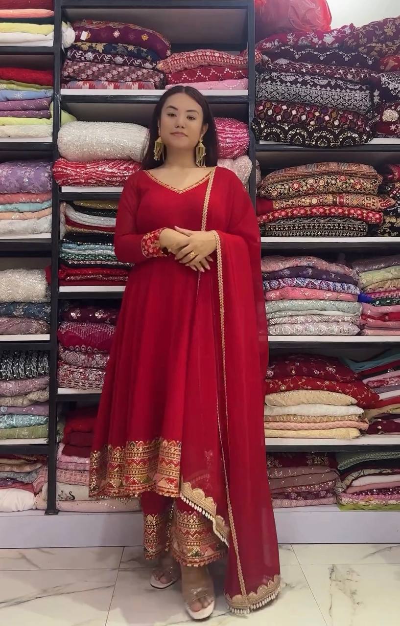 Red Designer Festivals & Party Wear Fancy Anarkali Gown, Dupatta & Plazzo Set – Elegant Embroidered Ensemble