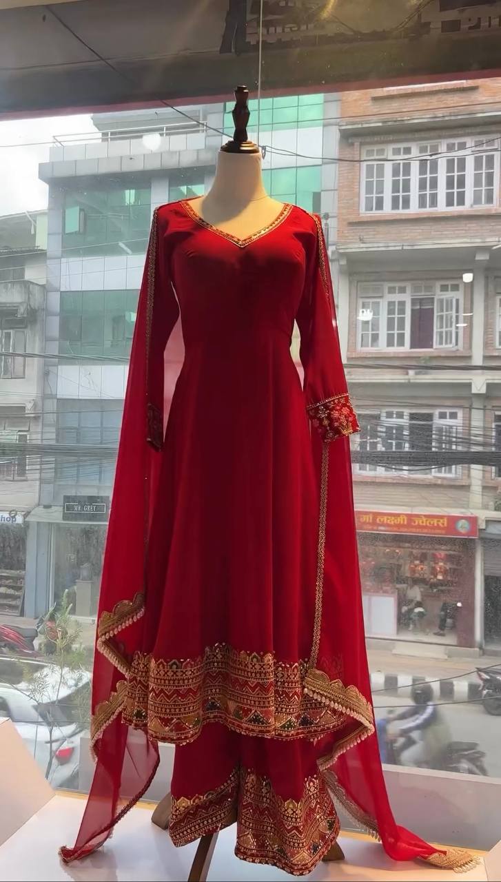 Red Designer Festivals & Party Wear Fancy Anarkali Gown, Dupatta & Plazzo Set – Elegant Embroidered Ensemble