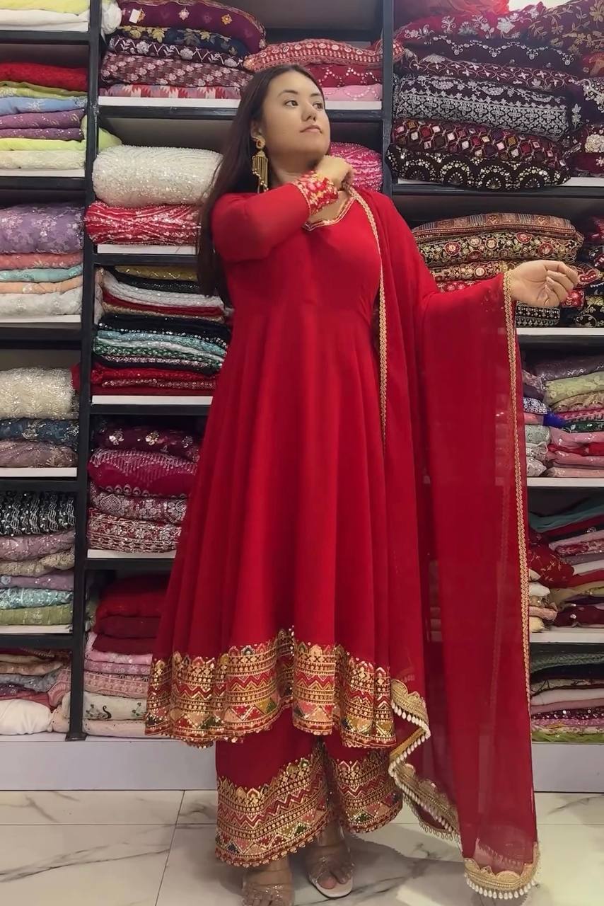 Red Designer Festivals & Party Wear Fancy Anarkali Gown, Dupatta & Plazzo Set – Elegant Embroidered Ensemble