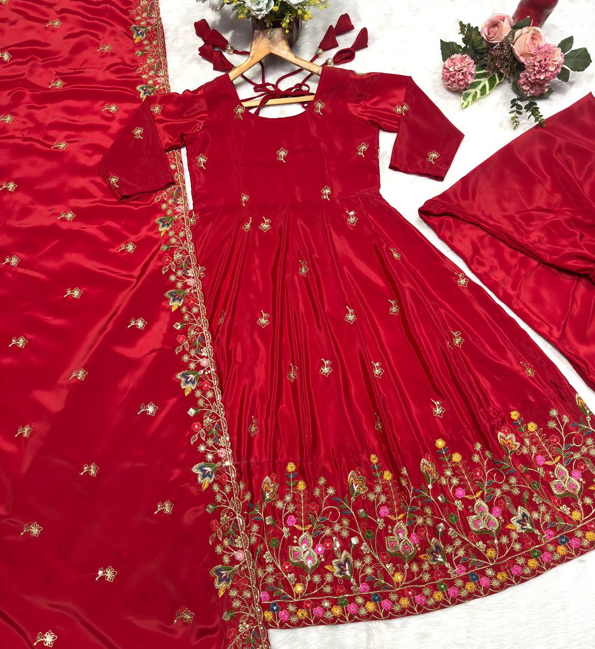 Red Designer Heavy Embroidered Gown Palazzo Set