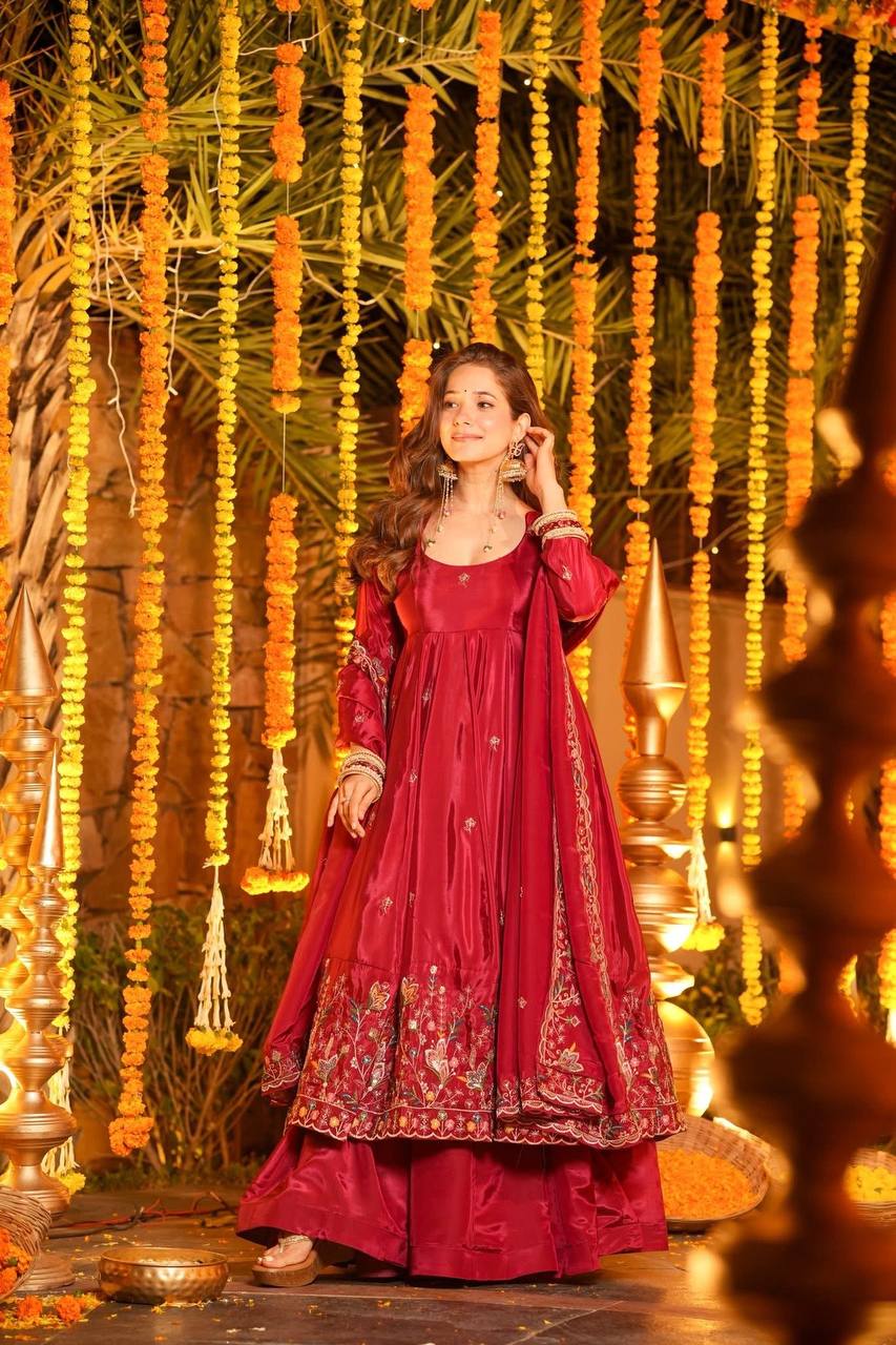 Red Designer Heavy Embroidered Gown Palazzo Set