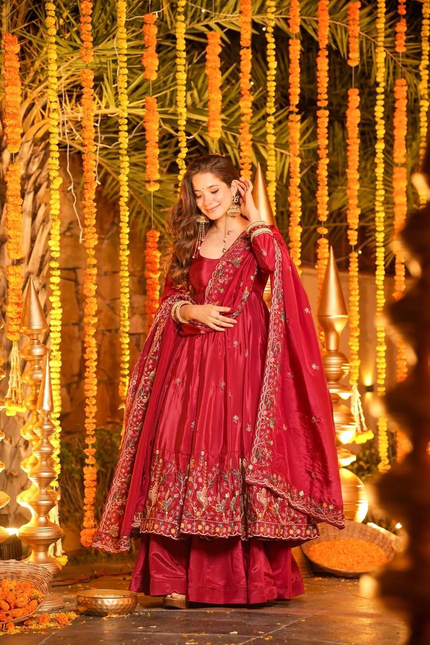 Red Designer Heavy Embroidered Gown Palazzo Set