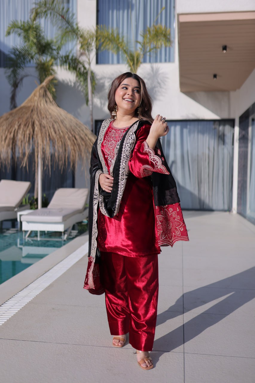 Red Designer Ice Velvet Embroidered Pant Set with Sequins Dupatta