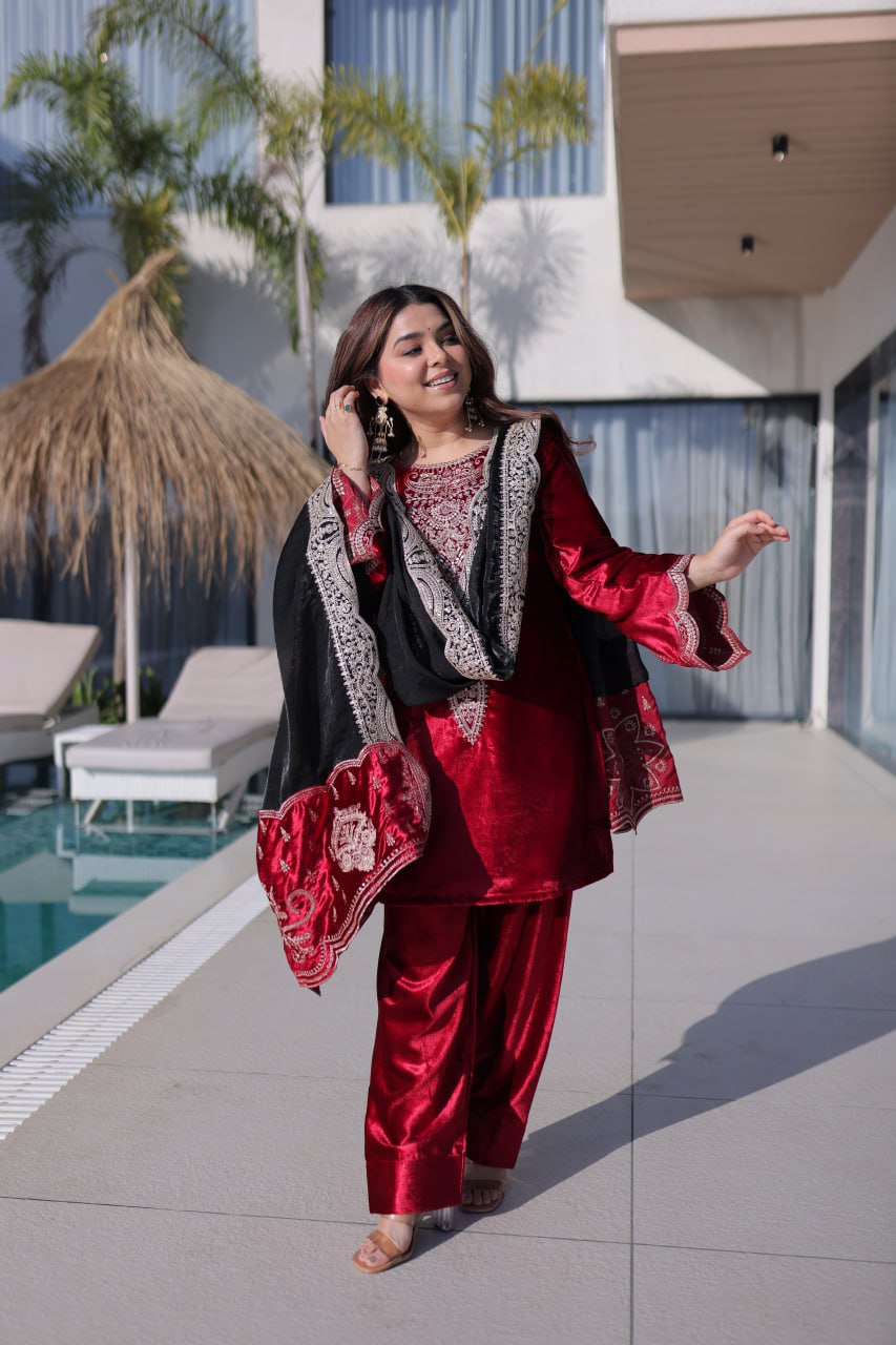 Red Designer Ice Velvet Embroidered Pant Set with Sequins Dupatta