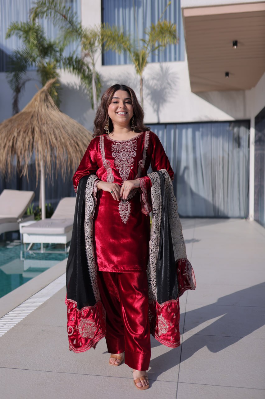 Red Designer Ice Velvet Embroidered Pant Set with Sequins Dupatta