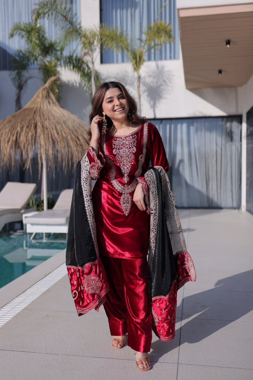 Red Designer Ice Velvet Embroidered Pant Set with Sequins Dupatta